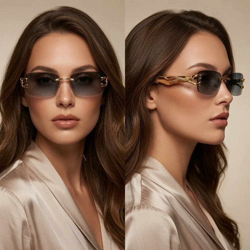 Women Luxury Gold Panther Rimless Sunglasses Teal Gradient Lenses Lenes Gafas